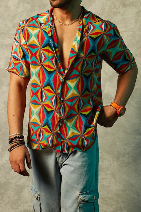 Esha L Amin_Multi Color Viscose Big Square Print Shirt _Online_at_Aza_Fashions