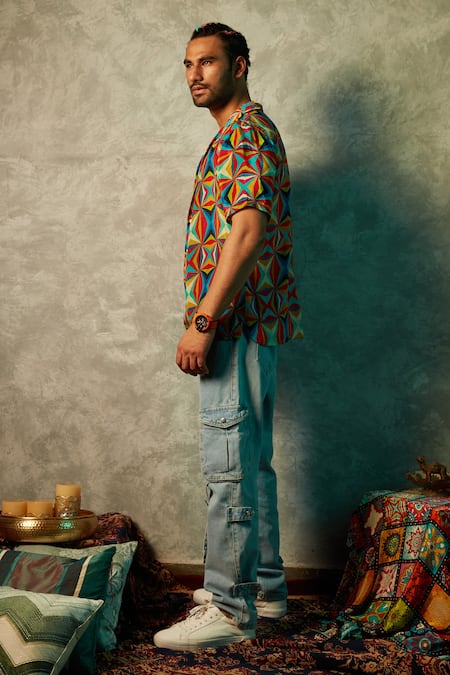 Buy_Esha L Amin_Multi Color Viscose Big Square Print Shirt _Online_at_Aza_Fashions