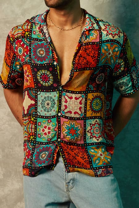 Esha L Amin_Multi Color Viscose, Crepe Embroidery Big Tiles Print Shirt _Online_at_Aza_Fashions