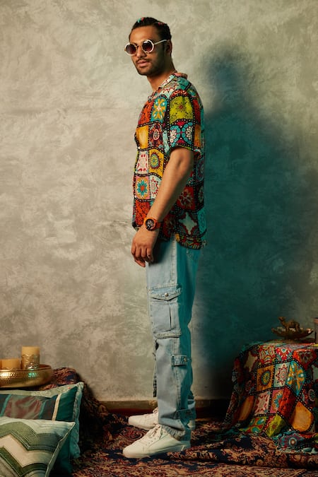 Buy_Esha L Amin_Multi Color Viscose, Crepe Embroidery Big Tiles Print Shirt _Online_at_Aza_Fashions