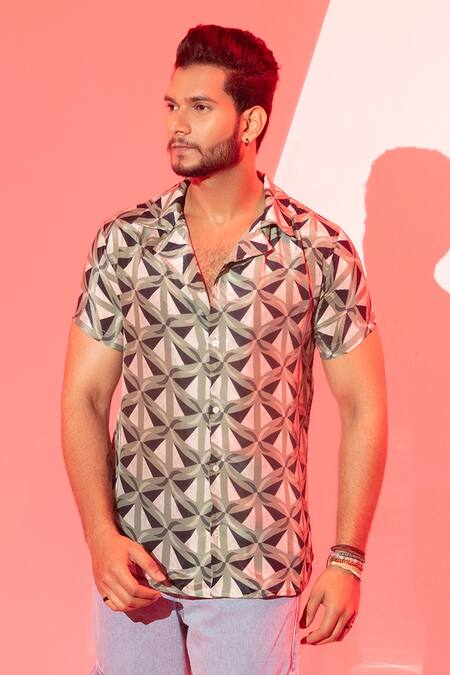 Buy_Esha L Amin_Multi Color Viscose Collared Triangle Printed Shirt _Online_at_Aza_Fashions