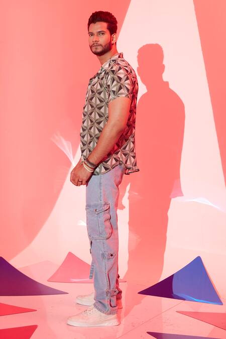 Shop_Esha L Amin_Multi Color Viscose Collared Triangle Printed Shirt _Online_at_Aza_Fashions