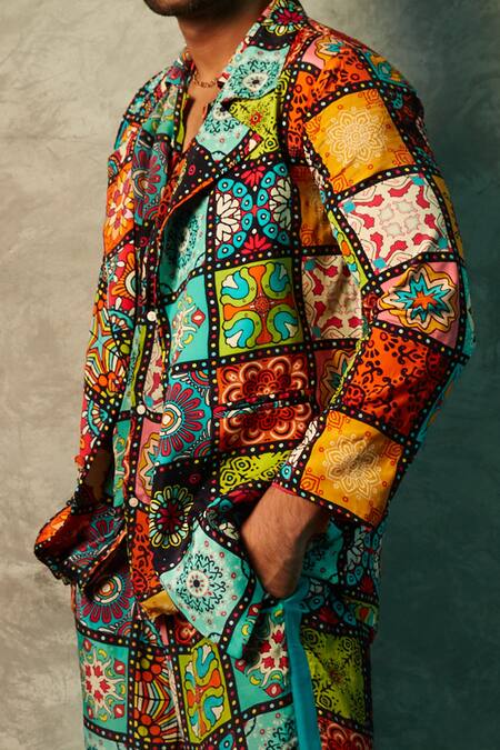 Esha L Amin_Multi Color Modal, Satin Big Tiles Print Blazer _Online_at_Aza_Fashions