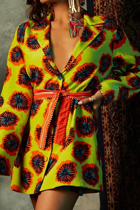 Esha L Amin_Yellow Modal, Satin Collared Notched Lapel Printed Blazer _Online_at_Aza_Fashions