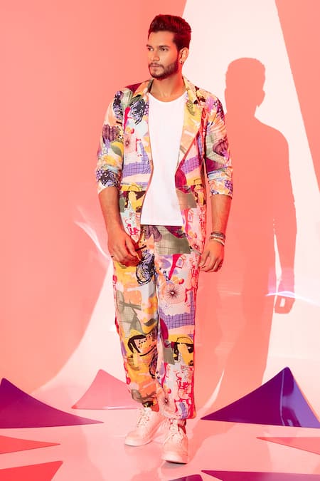 Esha L Amin_Multi Color Viscose, Crepe Stella Abstract Print Blazer _Online_at_Aza_Fashions