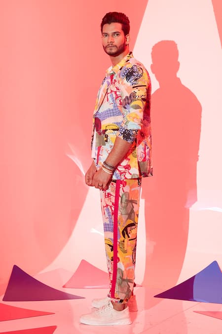 Buy_Esha L Amin_Multi Color Viscose, Crepe Stella Abstract Print Blazer _Online_at_Aza_Fashions