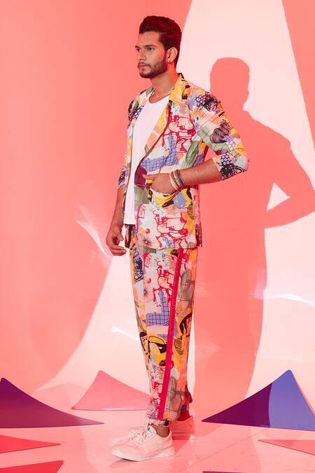 Esha L Amin_Multi Color Viscose, Crepe Stella Abstract Print Blazer _at_Aza_Fashions