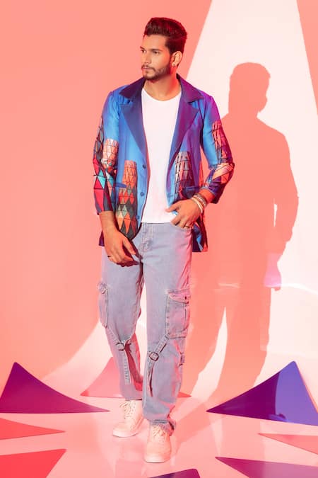 Buy_Esha L Amin_Multi Color Viscose Coachella Building Print Blazer _Online_at_Aza_Fashions