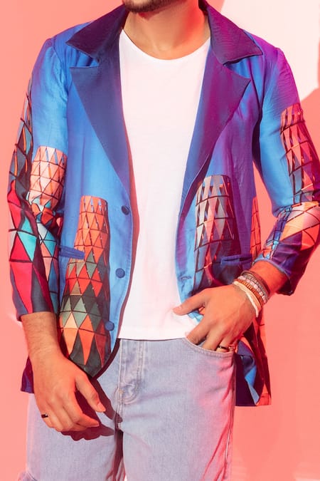 Shop_Esha L Amin_Multi Color Viscose Coachella Building Print Blazer _Online_at_Aza_Fashions