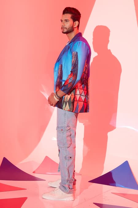 Esha L Amin_Multi Color Viscose Coachella Building Print Blazer _at_Aza_Fashions