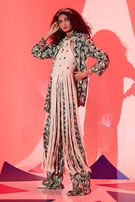 Esha L Amin_Multi Color Viscose, Crepe Triangle Print Blazer _Online_at_Aza_Fashions