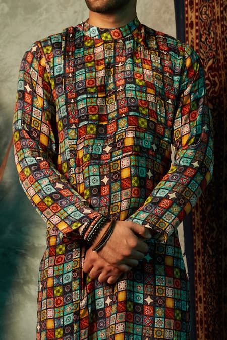 Esha L Amin_Multi Color Viscose Small Tiles Print Kurta _Online_at_Aza_Fashions