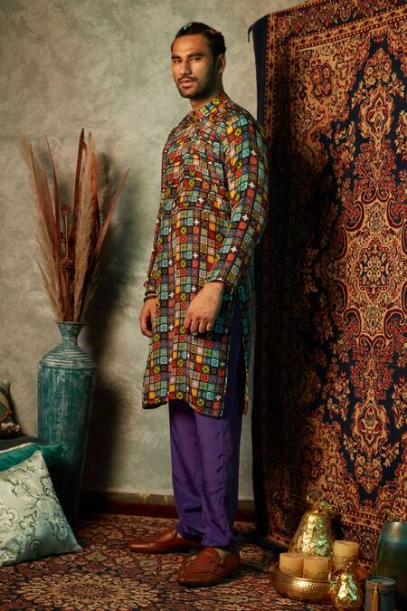 Buy_Esha L Amin_Multi Color Viscose Small Tiles Print Kurta _Online_at_Aza_Fashions