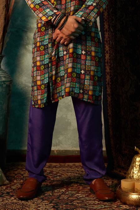 Esha L Amin_Purple Viscose, Crepe Solid Straight Pant _Online_at_Aza_Fashions