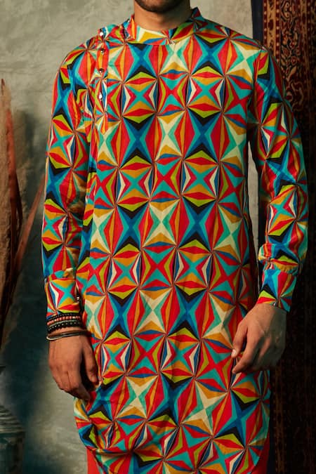 Esha L Amin_Multi Color Viscose, Crepe Big Square Print Kurta _Online_at_Aza_Fashions