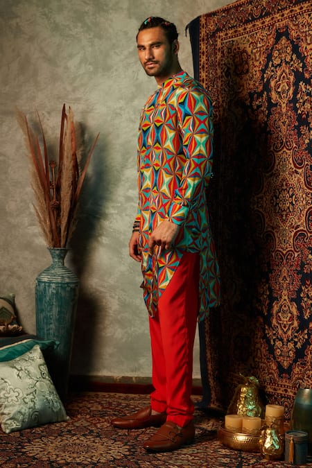 Buy_Esha L Amin_Multi Color Viscose, Crepe Big Square Print Kurta _Online_at_Aza_Fashions