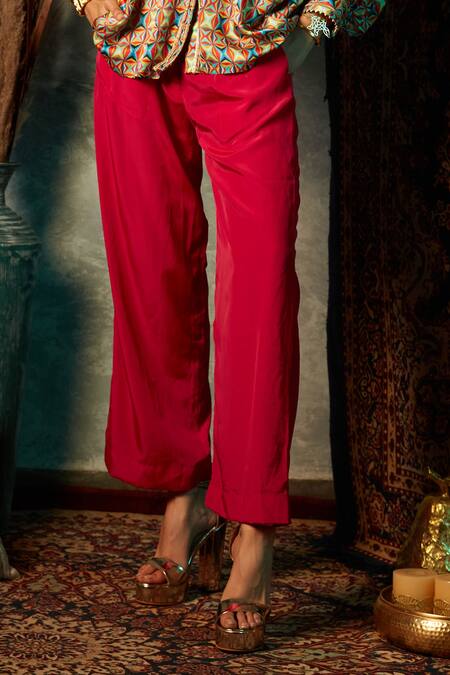 Esha L Amin_Pink Viscose Crepe Plain Straight Solid Pant _Online_at_Aza_Fashions