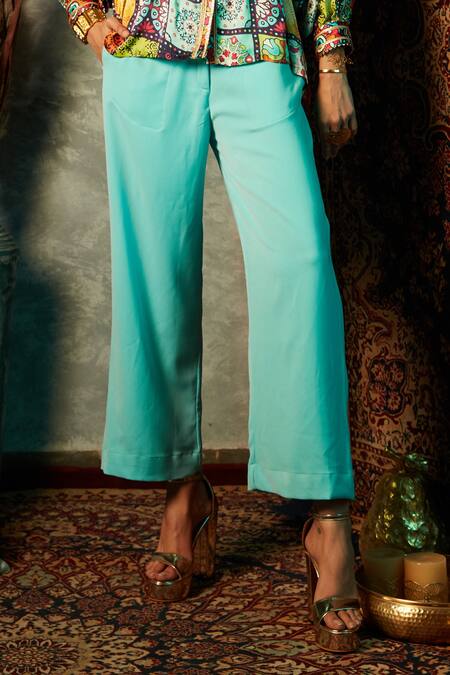 Esha L Amin_Blue Viscose, Crepe Solid Straight Pant _Online_at_Aza_Fashions