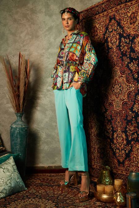 Buy_Esha L Amin_Blue Viscose, Crepe Solid Straight Pant _Online_at_Aza_Fashions