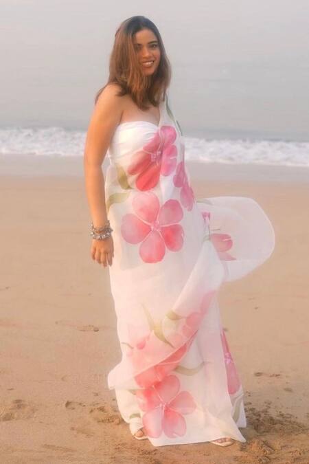 Shop_Meghstudio_Off White Organza, Modal, Silk Sequins Embroidered And Hand Painted Saree _Online_at_Aza_Fashions