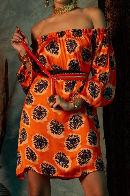 Esha L Amin_Orange Viscose, Crepe Off-shoulder Blotch Print Off Dress _Online_at_Aza_Fashions