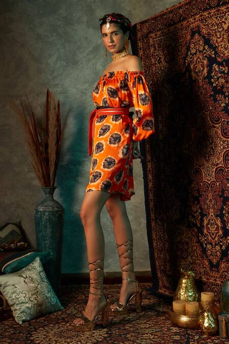 Buy_Esha L Amin_Orange Viscose, Crepe Off-shoulder Blotch Print Off Dress _Online_at_Aza_Fashions