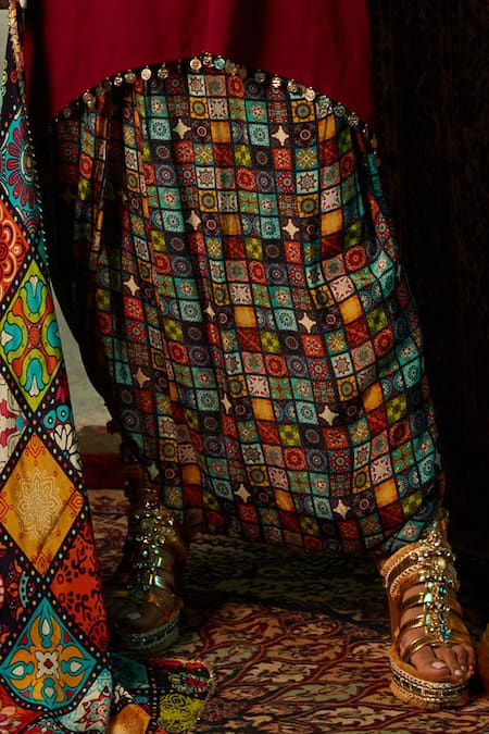 Esha L Amin_Multi Color Viscose, Crepe Small Tile Print Dhoti Pant _Online_at_Aza_Fashions