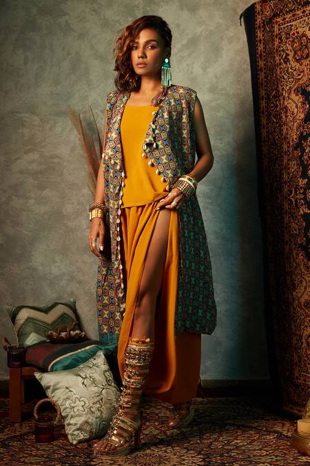Esha L Amin_Multi Color Viscose, Crepe Embroidery Open Neck Small Square Print Long Jacket _Online_at_Aza_Fashions