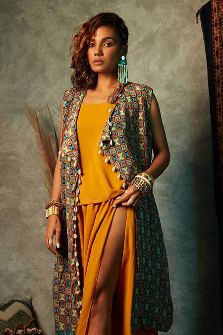 Buy_Esha L Amin_Multi Color Viscose, Crepe Embroidery Open Neck Small Square Print Long Jacket _Online_at_Aza_Fashions