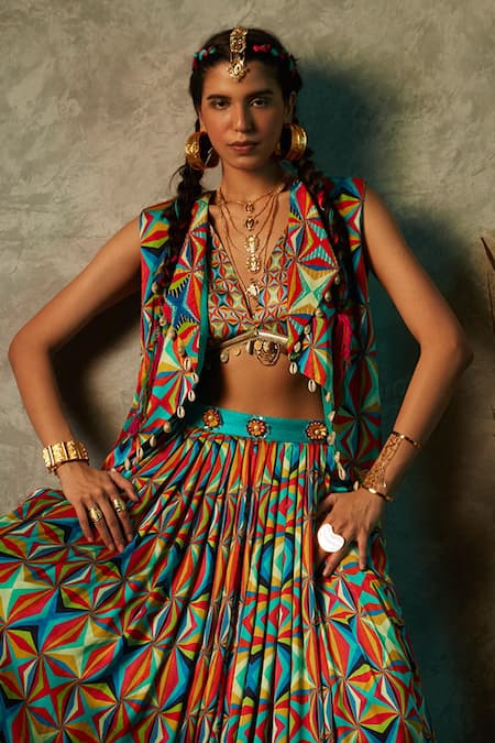 Esha L Amin_Multi Color Viscose, Crepe Embroidery Open Neck Big Square Print Short Jacket _Online_at_Aza_Fashions