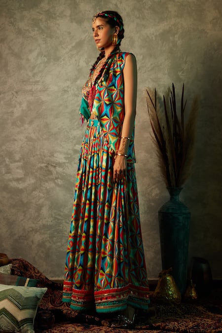 Buy_Esha L Amin_Multi Color Viscose, Crepe Embroidery Open Neck Big Square Print Short Jacket _Online_at_Aza_Fashions