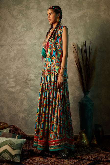 Esha L Amin_Multi Color Modal, Satin Pearls, Embroidery Big Square Print Lehenga Skirt _Online_at_Aza_Fashions