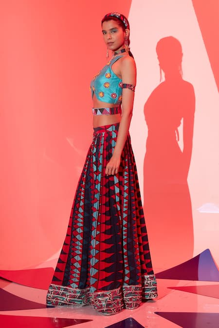 Buy_Esha L Amin_Multi Color Viscose Gota Patti Geometric Print Lehenga _Online_at_Aza_Fashions