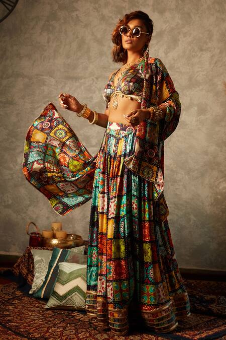 Esha L Amin_Multi Color Modal, Satin Embroidery Big Tile Print Lehenga _Online_at_Aza_Fashions