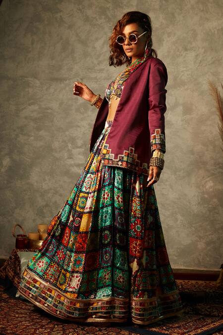 Esha L Amin_Purple Georgette Open Neck Tile Border Print Jacket _Online_at_Aza_Fashions