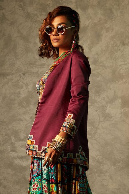 Buy_Esha L Amin_Purple Georgette Open Neck Tile Border Print Jacket _Online_at_Aza_Fashions