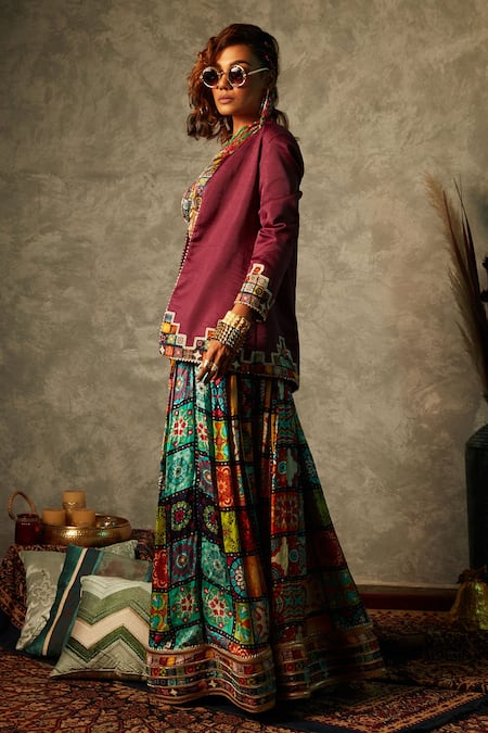 Shop_Esha L Amin_Purple Georgette Open Neck Tile Border Print Jacket _Online_at_Aza_Fashions