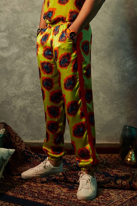 Esha L Amin_Yellow Modal, Satin Abstract Blotch Print Joggers _Online_at_Aza_Fashions