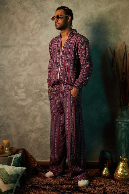 Buy_Esha L Amin_Purple Modal, Satin Stripe Print Joggers _Online_at_Aza_Fashions