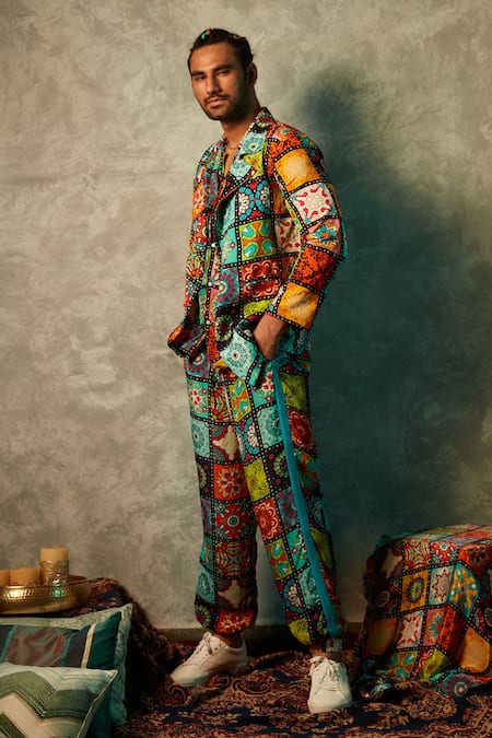Buy_Esha L Amin_Multi Color Modal, Satin Big Tiles Print Joggers _Online_at_Aza_Fashions