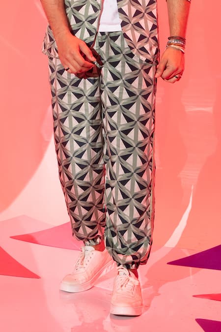 Esha L Amin_Multi Color Viscose, Crepe Triangle Print Joggers _Online_at_Aza_Fashions