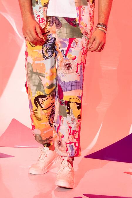 Esha L Amin_Multi Color Viscose, Crepe Stella Abstract Print Joggers _Online_at_Aza_Fashions