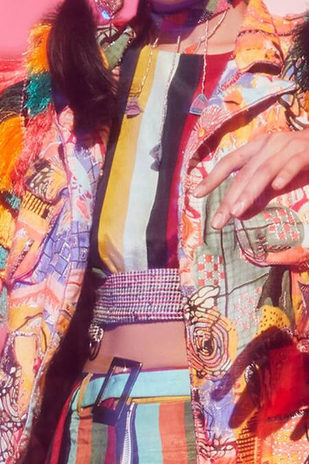 Esha L Amin_Multi Color Viscose, Crepe Round Neck Stripe Print Crop Top _Online_at_Aza_Fashions