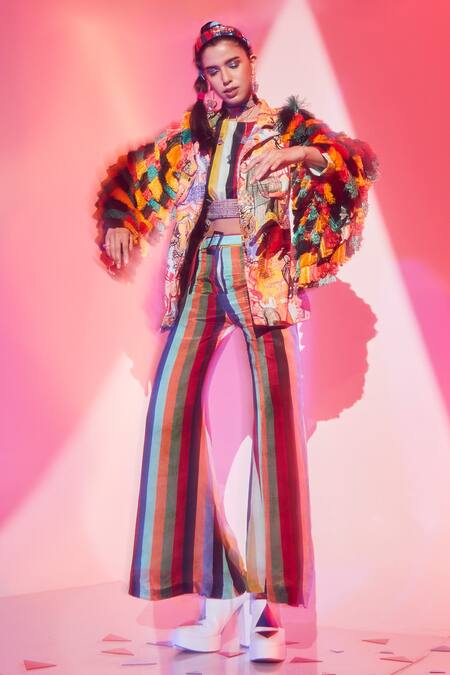 Esha L Amin_Multi Color Viscose Beads, Sequins Collared Fringe Tasselled Sleeve Jacket _Online_at_Aza_Fashions