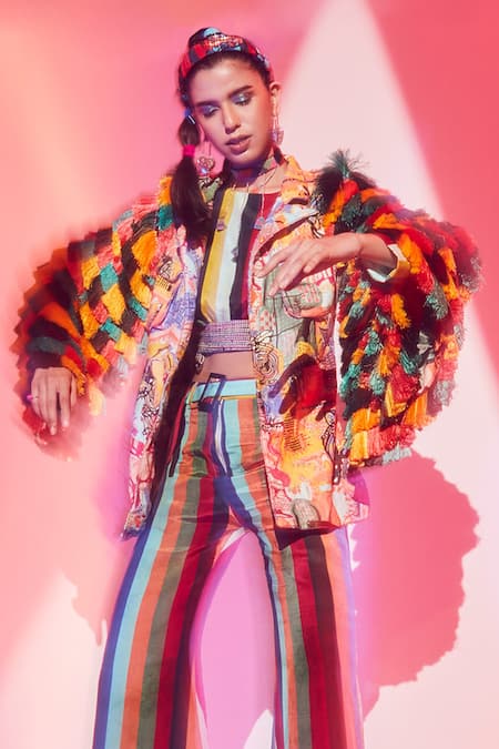 Buy_Esha L Amin_Multi Color Viscose Beads, Sequins Collared Fringe Tasselled Sleeve Jacket _Online_at_Aza_Fashions