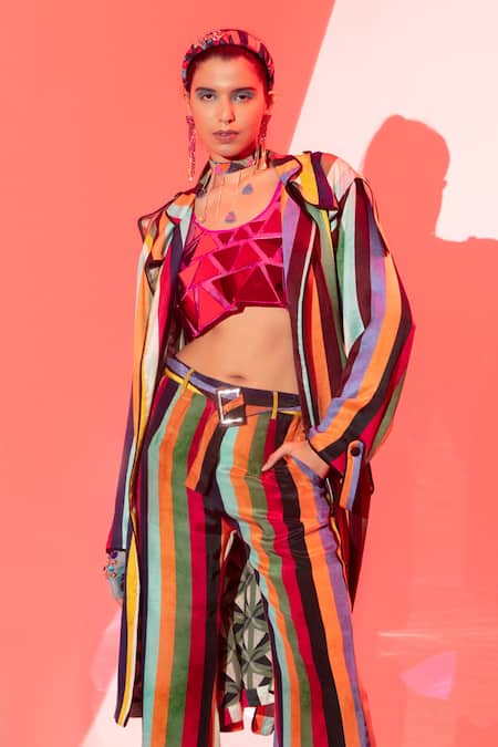 Esha L Amin_Multi Color Viscose, Crepe Collared Stripe Print Jacket _Online_at_Aza_Fashions