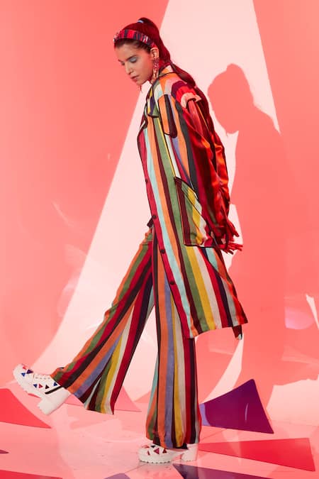 Buy_Esha L Amin_Multi Color Viscose, Crepe Collared Stripe Print Jacket _Online_at_Aza_Fashions