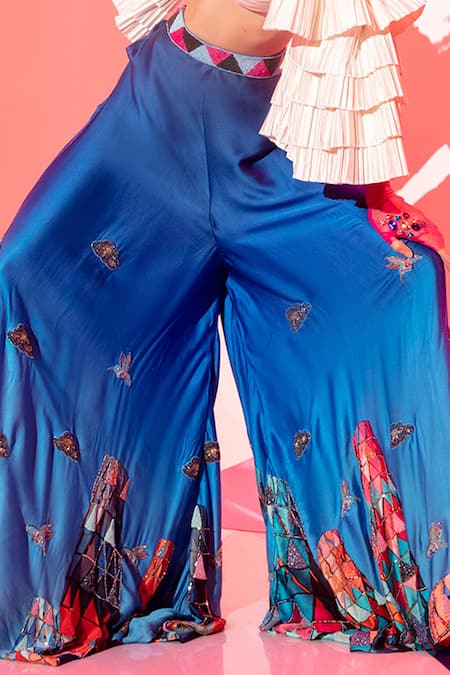 Esha L Amin_Multi Color Viscose, Crepe Beads, Sequins Building Print Flared Pant _Online_at_Aza_Fashions