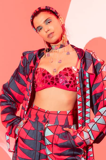 Esha L Amin_Pink Viscose, Crepe Mirrors Embellished Bralette _Online_at_Aza_Fashions