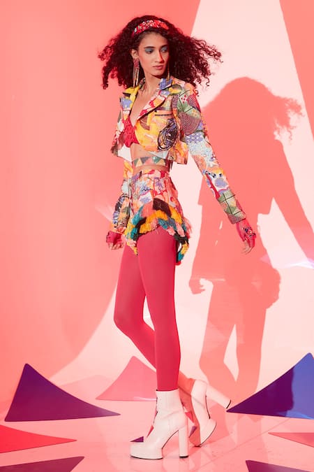 Buy_Esha L Amin_Pink Viscose, Crepe Mirrors Embellished Bralette _Online_at_Aza_Fashions